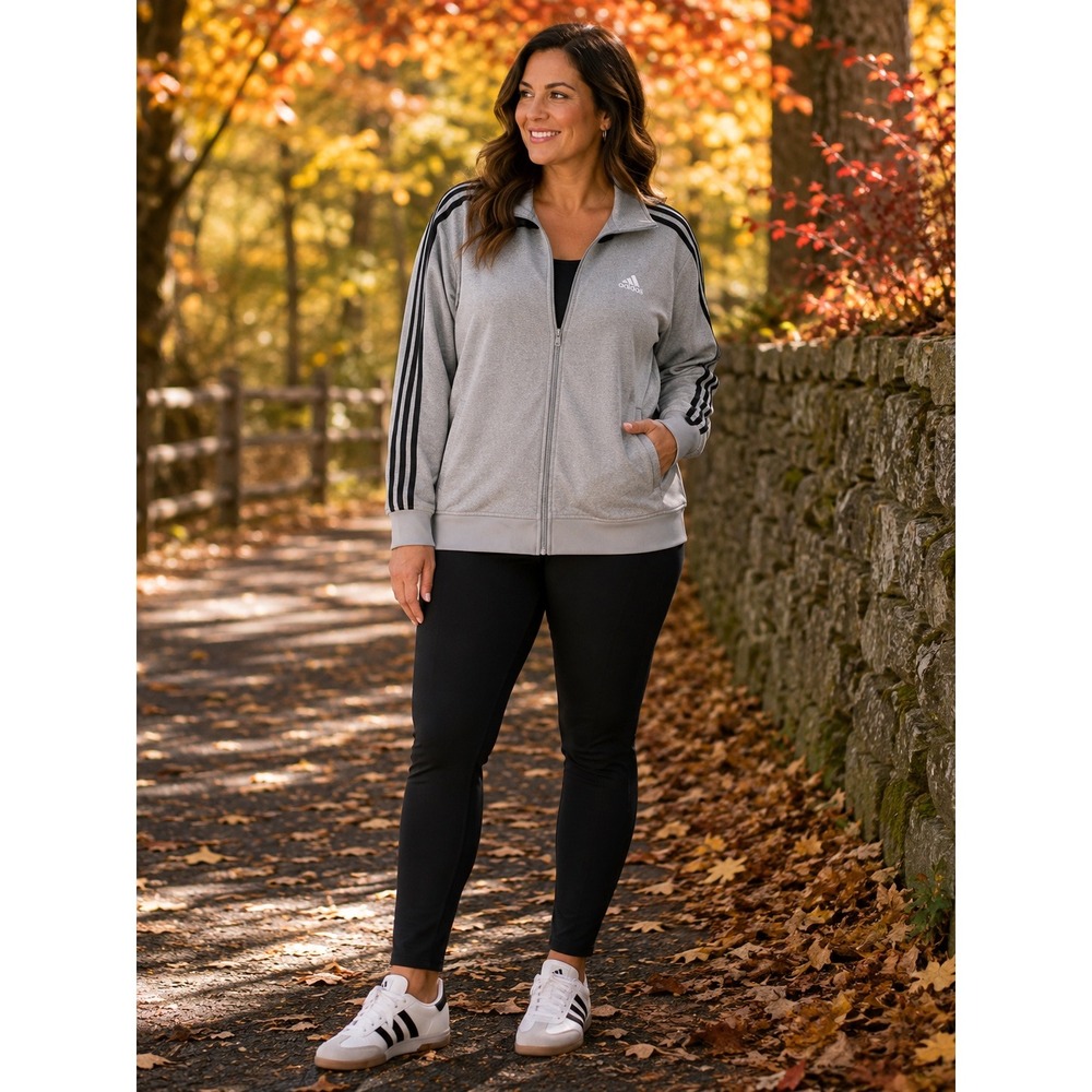 Adidas Womens Gray Black 3-Stripe Full Zip Track Jacket XL Mock Neck Activewear